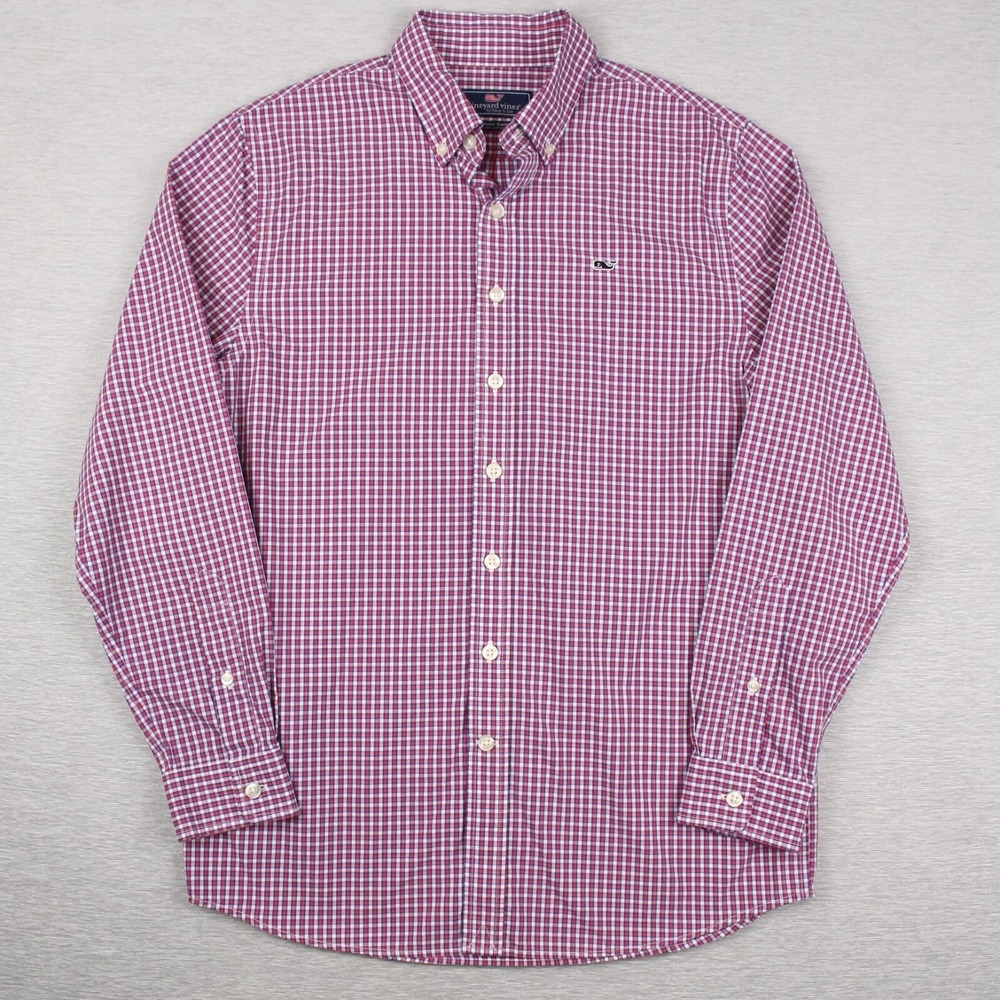 Vineyard Vines Whale Shirt Boys L 16 Red Purple Button Down Long Sleeve Cotton - Picture 1 of 7